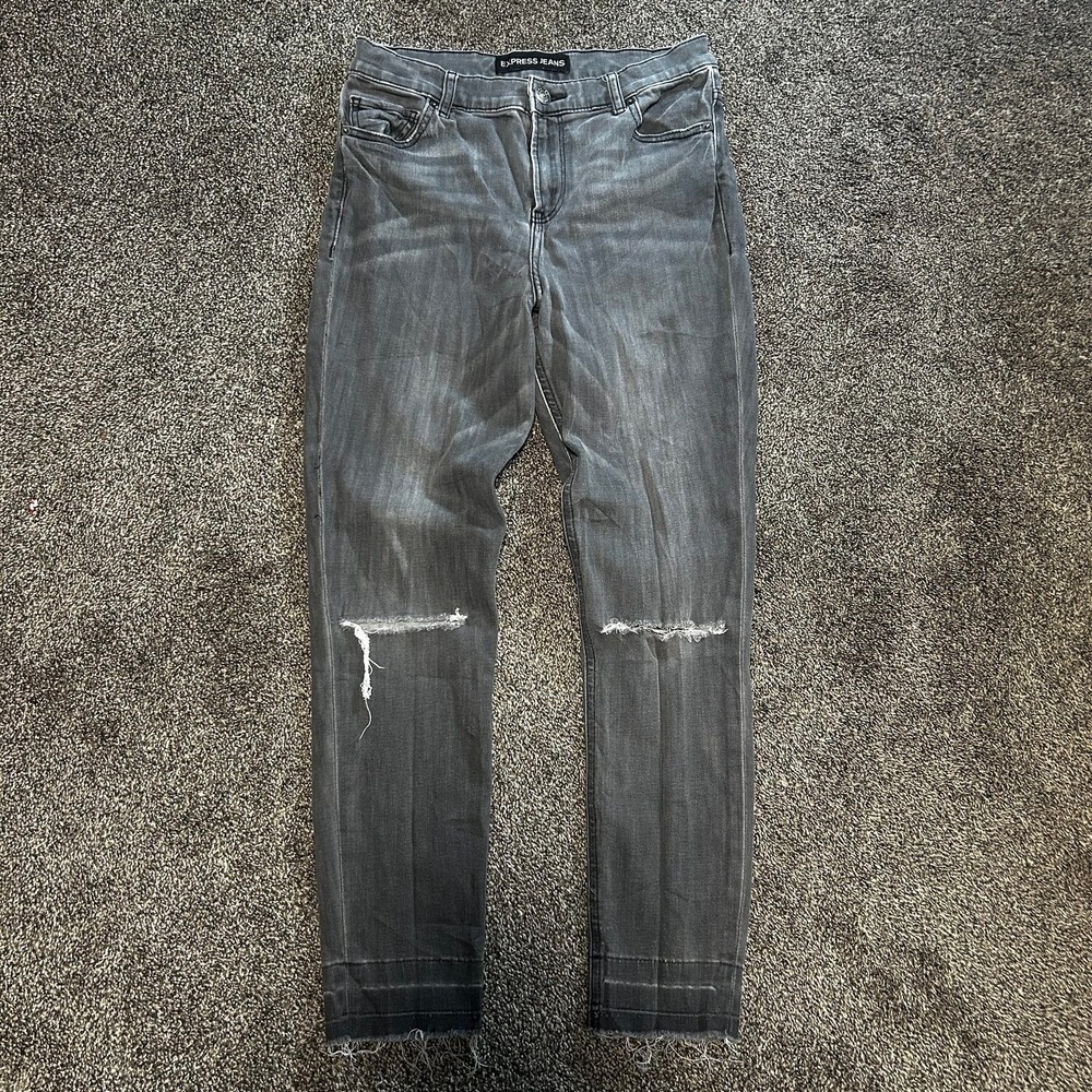 Express Jeans Skinny Womens 8R Gray Good Distressed Knee Raw Hem Faded Denim